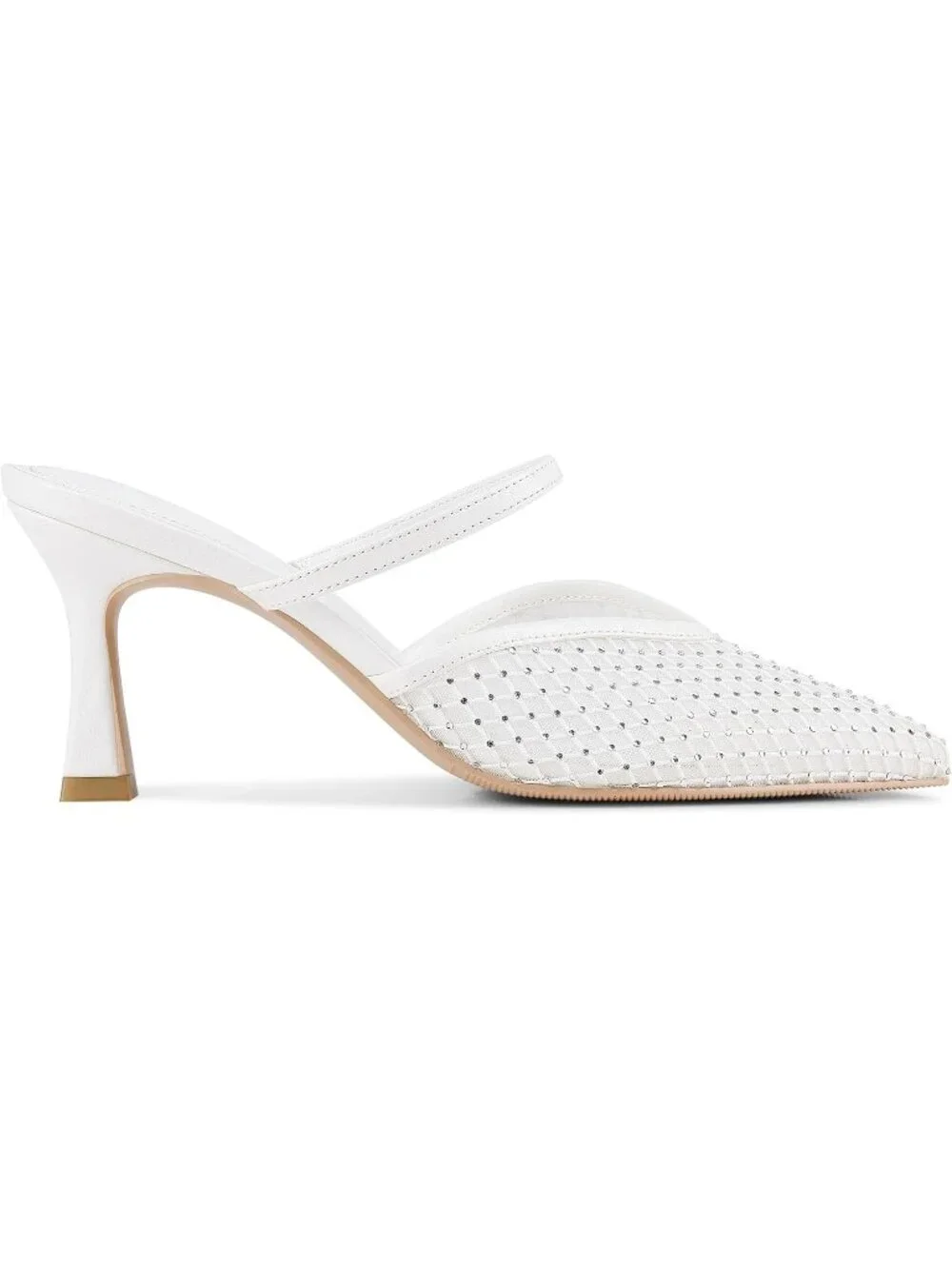 Women's White-Rhinestone High Heel Mules Pointy Toe Pumps Memory Foam Insole